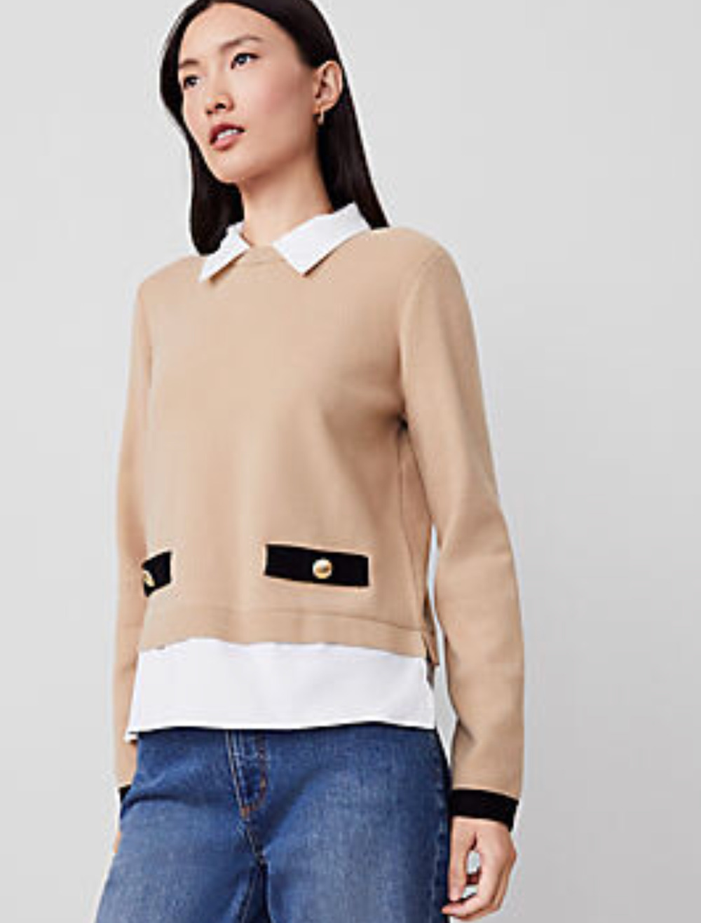 NEW ANN TAYLOR BAGUETTE COLLARED MIXED MEDIA SWEATER SZ S